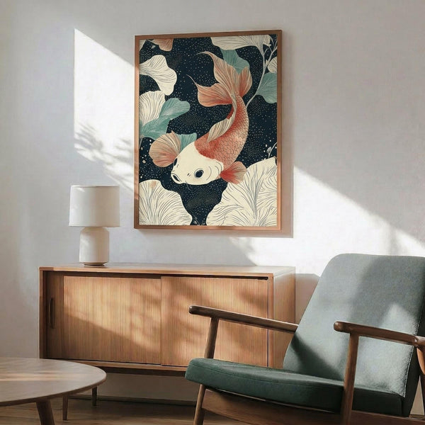 May include: Framed poster with Japanese-style koi fish swimming among ginkgo leaves on dark speckled background, displayed above mid-century modern wooden credenza with table lamp, next to sage green upholstered armchair in sunlit room with white walls