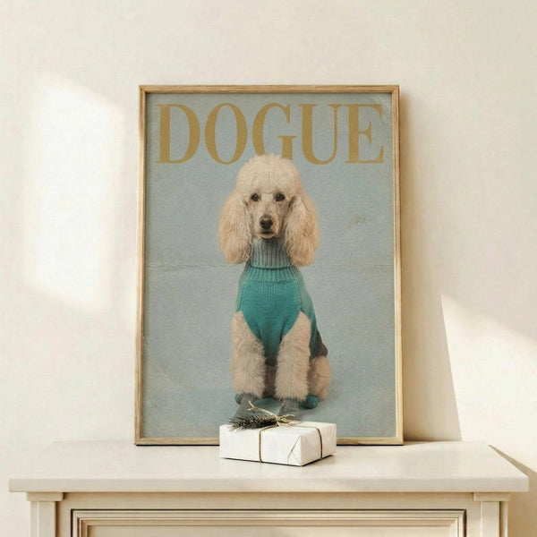 May include: Framed poster print displayed on light wood console table featuring cream-colored poodle wearing turquoise turtleneck sweater against pale blue background. Gold "DOGUE" text at top mimics fashion magazine cover style. Natural wood frame, small white wrapped gift box with twine and greenery sits in front on table surface.