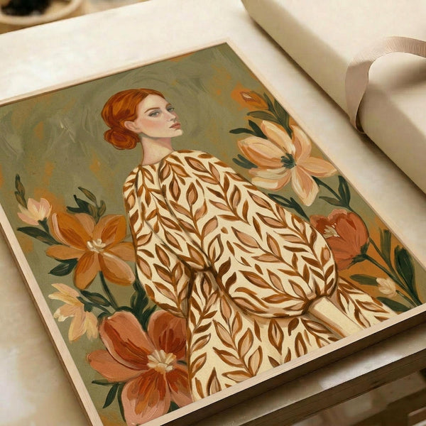 Illustration of a woman with red hair in a low bun, wearing a cream sweater with brown leaf pattern, surrounded by orange and peach flowers on sage green background. The artwork is displayed in an open art book or portfolio on white fabric surface.