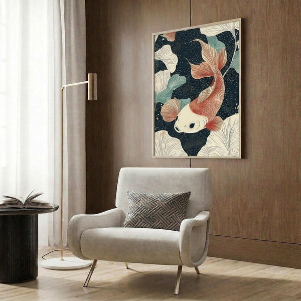 May include: Japanese-inspired poster featuring orange and cream koi fish swimming among stylized ginkgo leaves against dark blue starry background, displayed in light wooden frame on wood-paneled wall above beige upholstered armchair with geometric pillow, next to brass floor lamp and dark side table with open book.
