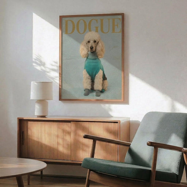 May include: Framed poster featuring a cream-colored poodle wearing a turquoise turtleneck sweater and blue boots, styled as a fashion magazine cover with "DOGUE" in gold lettering. The artwork is displayed above a mid-century modern wooden credenza with a white ceramic table lamp. A sage green upholstered armchair with wooden frame sits nearby. Warm sunlight streams across white walls, creating geometric shadows in this contemporary living room setting.