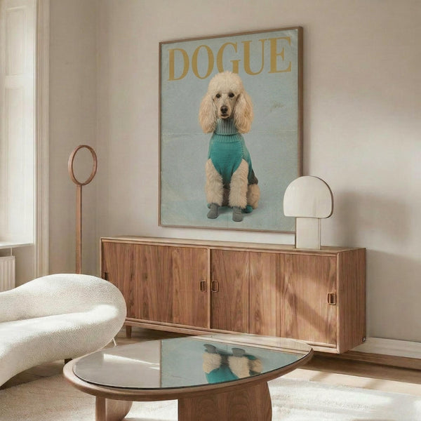 May include: Framed poster featuring a cream-colored poodle wearing a teal turtleneck sweater and matching boots against a light blue background with "DOGUE" text in gold letters, displayed above a walnut credenza in a modern living room with white curved chair, glass coffee table, and white table lamp