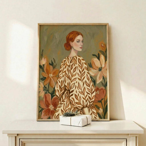 May include: Framed botanical portrait print featuring a woman with auburn hair in a bun, wearing a cream dress with brown leaf pattern. She's surrounded by large orange and peach flowers against a sage green background. The artwork is displayed in a light wood frame on a white shelf beside a small wrapped gift with dark ribbon. The painting has an Art Nouveau style with warm earth tones and flowing organic shapes.