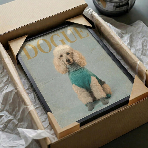 May include: Framed poster print in cardboard box with protective wrapping, showing cream-colored poodle wearing teal knit sweater against gray background with gold "DOGUE" text at top, black frame with white matting, surrounded by brown packaging materials on white surface