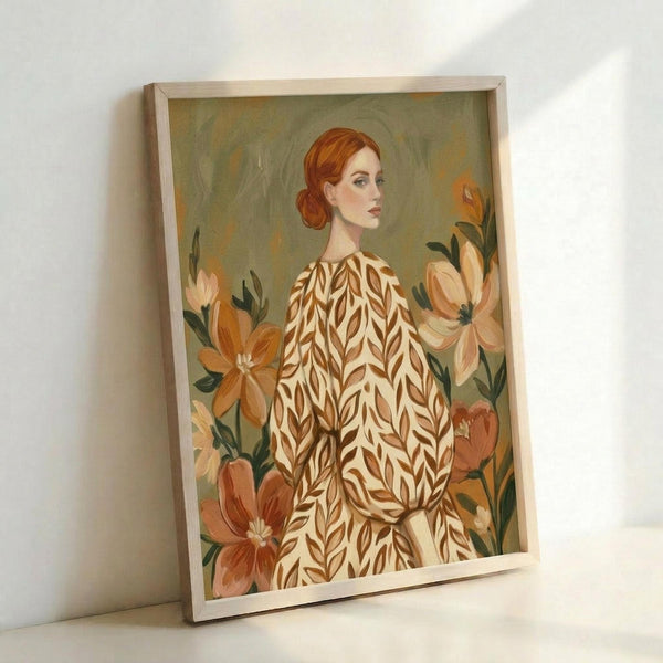 Framed portrait painting of a woman with auburn hair styled in a low bun, wearing a cream-colored dress with brown leaf pattern. She's surrounded by large orange and peach flowers with green leaves against a muted olive background. The artwork is displayed in a light wooden frame leaning against a white wall, showing warm earth tones and botanical motifs in a vintage illustration style.