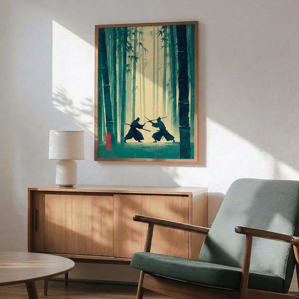 May include: Framed poster displaying two silhouetted samurai warriors dueling with swords in a misty bamboo forest with tall green stalks and golden sunlight filtering through. The artwork has a stylized, vintage-inspired aesthetic with teal and yellow tones. Shown hanging above a mid-century modern wooden credenza with a white ceramic lamp, next to a sage green upholstered armchair with wooden frame in a bright, minimalist living room setting.