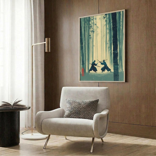 May include: Framed poster showing two samurai warriors dueling with swords in a misty bamboo forest, rendered in blue-green tones with atmospheric lighting. Modern beige armchair with geometric pillow, brass floor lamp, dark round side table with open book, and wood-paneled wall in contemporary living room setting.