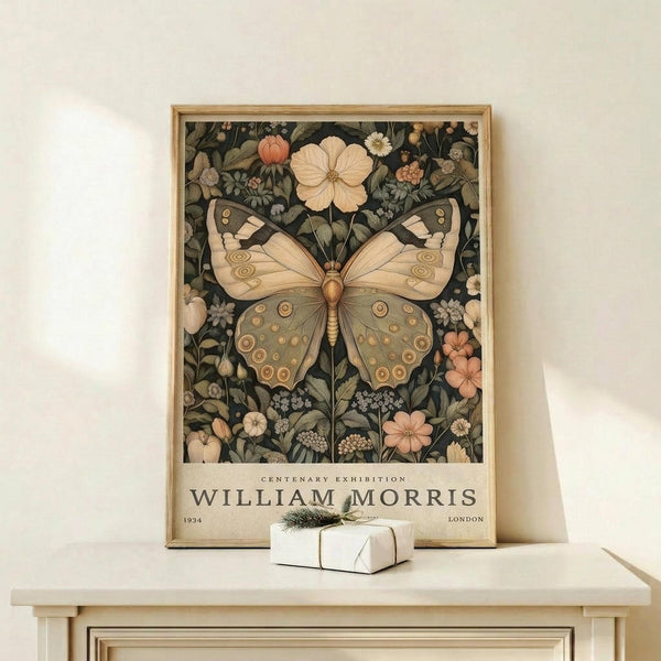 May include: Framed vintage-style botanical poster featuring large butterfly with cream and olive green patterned wings surrounded by wildflowers on dark background, displayed on light wood console table with small wrapped gift, against cream wall with natural lighting