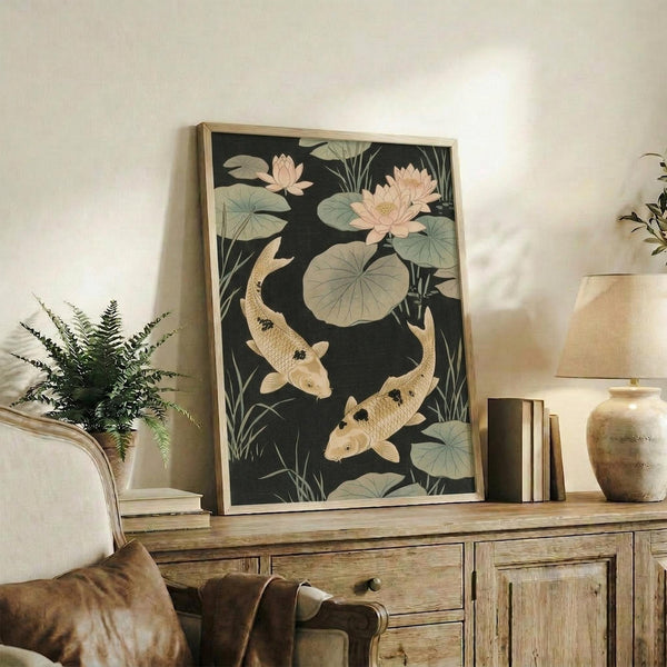 May include: Framed poster featuring two golden koi fish swimming among lotus flowers and lily pads on dark background, displayed on rustic wooden sideboard beside fern plant, books, ceramic vase and table lamp in warm-toned living room setting