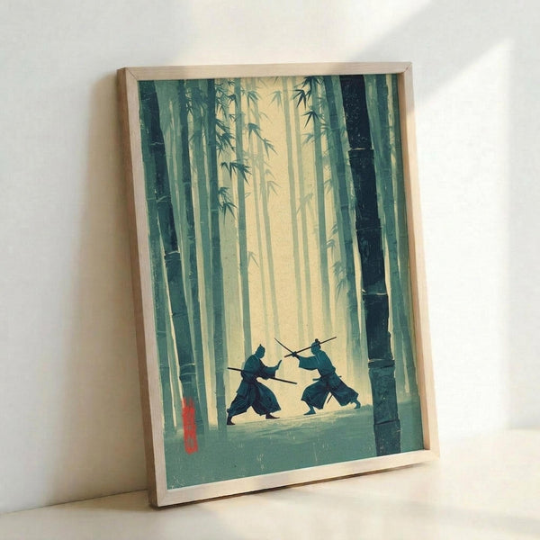 May include: Framed poster print leaning against white wall showing two samurai warriors dueling with swords in a misty bamboo forest. The artwork features green bamboo stalks, warm yellow lighting, and silhouetted figures in traditional robes. Light wooden frame with natural wood grain visible, casting soft shadow on wall.