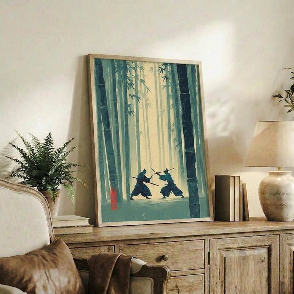 May include: Framed poster print showing two samurai figures dueling with swords in a misty bamboo forest rendered in teal and cream tones, displayed on a rustic wooden sideboard next to a fern plant, ceramic vase, and books in a cozy living room setting with neutral walls and brown leather furniture