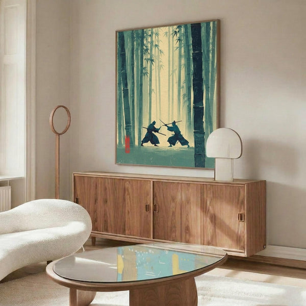 May include: framed poster showing two samurai warriors dueling with swords in a misty bamboo forest, displayed above a wooden sideboard in a minimalist living room with cream walls, white curved chair, glass coffee table, and modern lighting fixtures