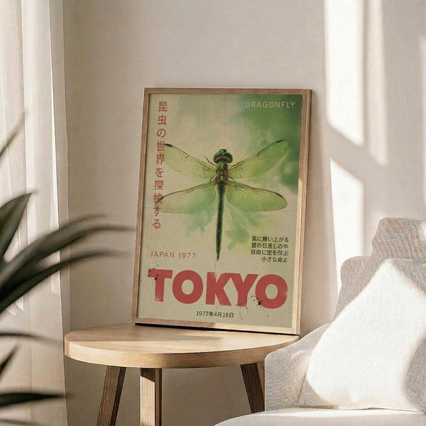 May include: Framed vintage-style poster with green dragonfly illustration and red "TOKYO" text, displayed on light wood round side table next to beige upholstered chair. Natural sunlight creates soft shadows on white wall. Poster features Japanese text, green botanical background, and "JAPAN 1977" marking in thin wooden frame.
