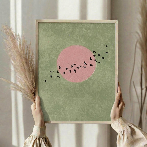 May include: Person holding framed art print featuring pink circle sun with black silhouette birds flying across sage green textured background, displayed with dried pampas grass in neutral beige interior setting with natural window light