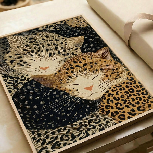 Japanese woodblock print featuring two cats with leopard-spotted fur patterns in warm golden brown and black. The cats have white faces with orange noses and whiskers, surrounded by intricate line work typical of ukiyo-e style. The artwork is displayed on cream paper with rolled white paper visible in the background, showing fine crosshatching and traditional printmaking techniques.