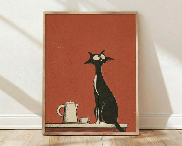 May include: Framed poster print displayed on wooden floor against white wall with natural lighting. Features stylized black cat with large round eyes sitting on shelf next to cream-colored coffee pot and small cup. Warm rust-orange background with minimalist illustration style. Light wood frame surrounds the artwork.