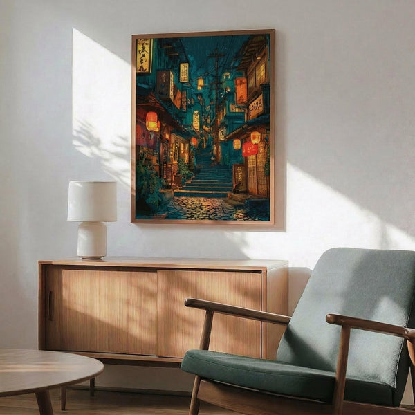 May include: Framed Japanese street scene artwork displayed above wooden sideboard in modern living room. Print shows narrow alley with stone steps, glowing red and orange paper lanterns, traditional buildings with Japanese signage, rendered in deep blues and warm lighting. Mid-century furniture includes teal upholstered armchair and white table lamp.