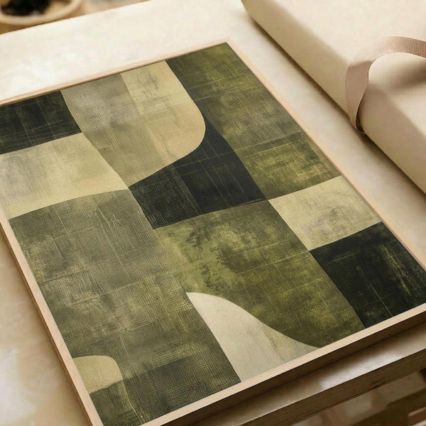 May include: Abstract geometric art print with earthy green, cream, and charcoal tones displayed on white paper. The composition features overlapping rectangular shapes and curved elements with textured, weathered surfaces that create depth and visual interest. The print sits on a neutral surface next to rolled white paper.