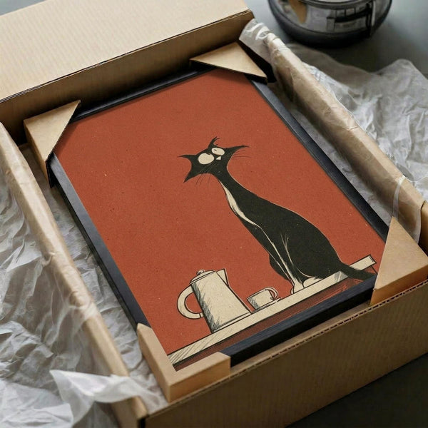 May include: Framed poster print featuring a stylized black cat with wide eyes sitting on a shelf next to coffee cups, rendered in retro illustration style with rust orange background. The artwork is shown in a black frame, packed in a cardboard box with protective wrapping paper on a white surface.