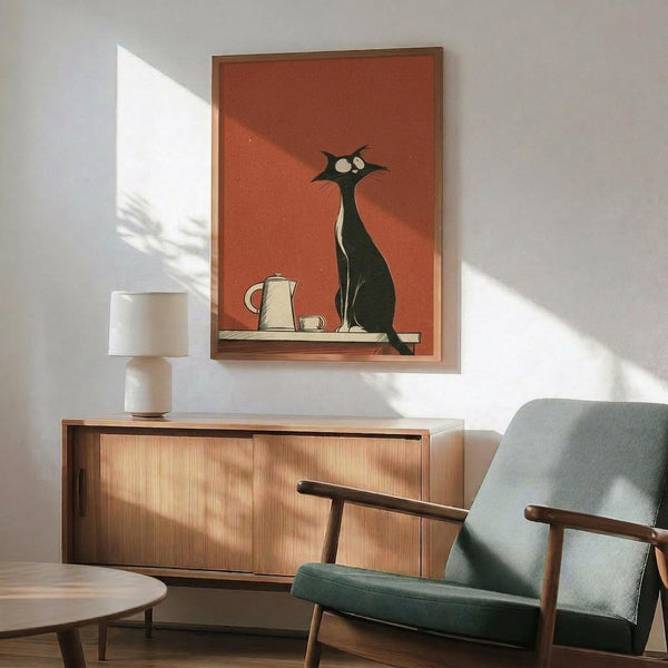 May include: Framed vintage-style poster with orange-red background featuring minimalist black cat silhouette sitting beside white coffee pot and cup, displayed above mid-century modern wooden sideboard with table lamp, next to sage green upholstered armchair with wood arms in sunlit room with white walls.