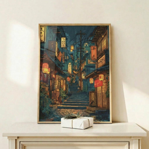 May include: Framed poster print displayed on light wood shelf against white wall, showing atmospheric Japanese street scene with stone steps leading upward between traditional wooden buildings, warm glowing lanterns and shop signs creating amber and red light against deep blue evening sky, with small white gift box placed in front of frame
