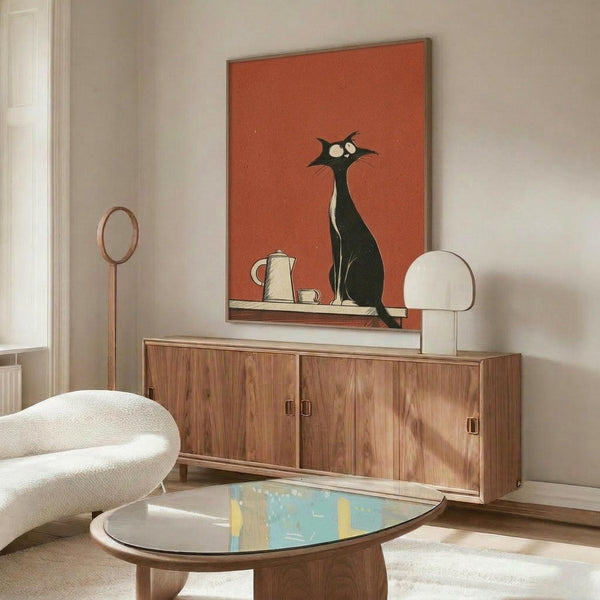 May include: Mid-century modern living room with wood sideboard displaying framed retro poster featuring black cat with wide eyes sitting beside white coffee pot and cup on orange background. Room has cream upholstered curved chair, oval glass coffee table with blue and yellow artwork, floor lamp, and white table lamp on sideboard.