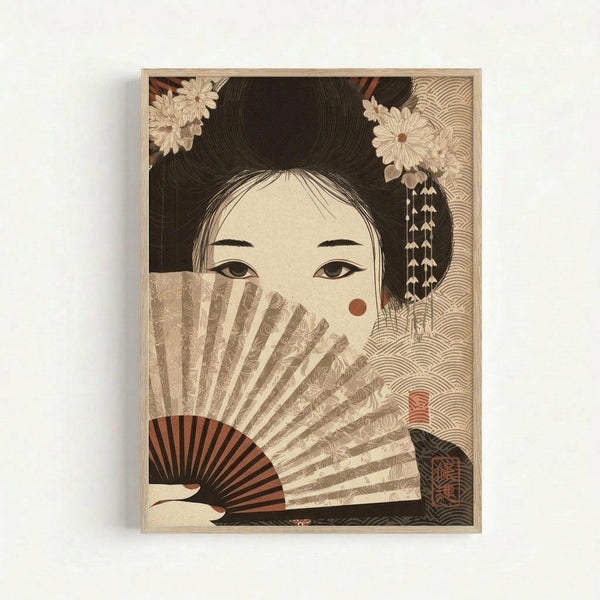 Framed vintage-style Japanese art print featuring a geisha with an elaborate black hair ornament decorated with white flowers and dangling elements. She holds a decorative fan partially covering her face, with pale skin, defined eyes, and a small red beauty mark. The artwork uses muted earth tones with intricate wave patterns in the background, displayed in a light wood frame against a white wall.