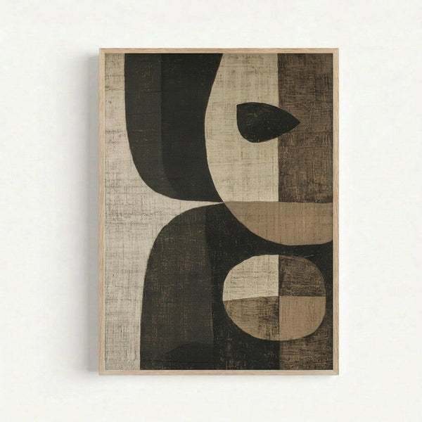 Abstract geometric artwork with organic curved shapes in dark green and cream tones on textured background. Features interlocking circular and curved forms with weathered, vintage-style surface texture. Displayed in natural wood frame against white wall.