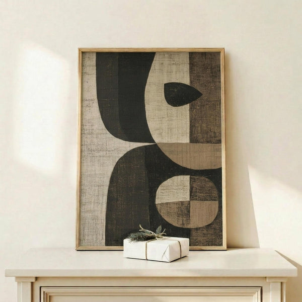 May include: Framed abstract art print with geometric shapes in dark green, cream, and brown earth tones, featuring interlocking curved and circular forms with textured, weathered finish. Natural wood frame sits on light wooden surface beside small wrapped gift with greenery sprig against cream wall.