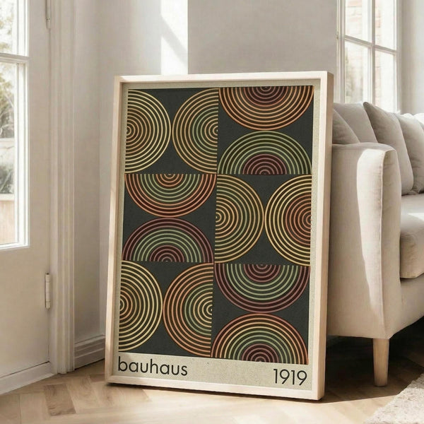 May include: A framed geometric art print with overlapping circles in warm earth tones - rust, olive green, cream, and burgundy stripes against a dark background. The wooden-framed poster displays "bauhaus 1919" text and leans against a white wall next to a beige upholstered sofa in a bright, modern living room with large windows.
