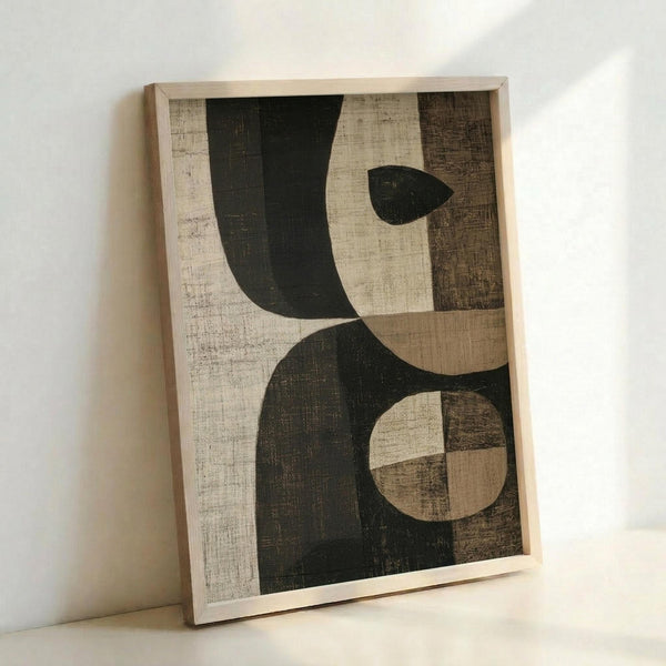 Modern abstract composition featuring overlapping geometric shapes in dark forest green, cream, and brown tones with weathered, textured surfaces. The artwork displays curved and circular forms arranged asymmetrically across vertical sections. Displayed in a light wooden frame leaning against a white wall, casting soft shadows.