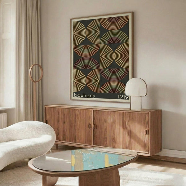 May include: Modern living room with white curved chair and oval glass coffee table. Wood credenza displays framed geometric poster featuring overlapping circles in earth tones - rust, olive, cream on dark background with 1919 Bauhaus text. Contemporary table lamp and floor lamp complete the mid-century modern styling against neutral walls.
