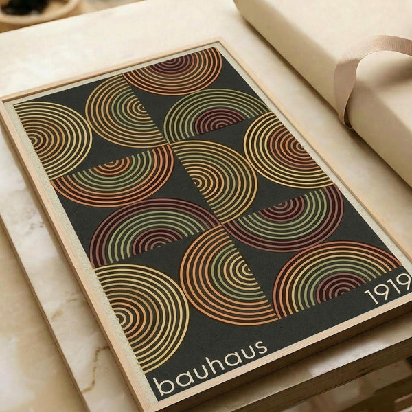 Vintage-style poster with geometric pattern of overlapping semi-circular arcs in warm earth tones including rust orange, olive green, burgundy, and cream on dark charcoal background. Text reads "bauhaus 1919" in white letters at bottom. Print has cream border and sits on light wood surface next to rolled white paper tube.