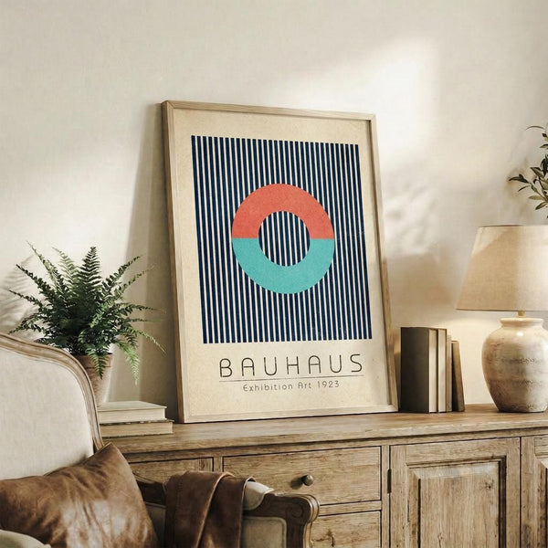 May include: Framed Bauhaus-style poster with geometric circle design in coral and teal on navy striped background, displayed on rustic wooden sideboard next to fern plant, ceramic vase, and stacked books in neutral-toned living room setting with beige armchair and warm natural lighting.