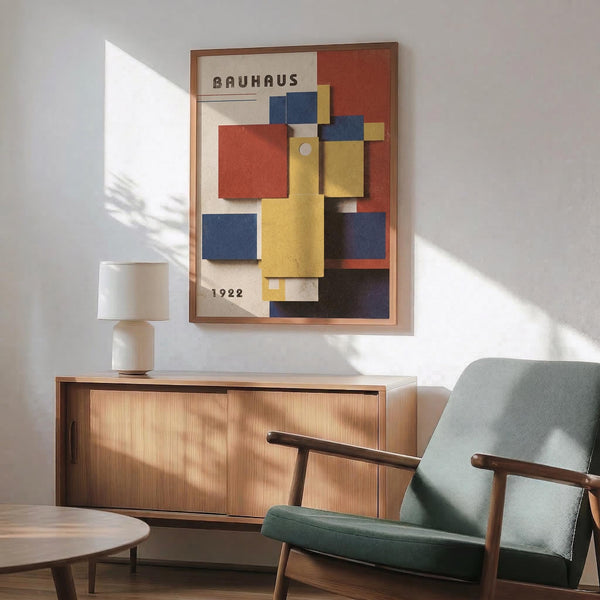 May include: Framed Bauhaus poster from 1922 featuring geometric shapes in red, blue, yellow, and white arranged in an abstract composition, displayed above a wooden mid-century credenza with white ceramic lamp, next to a sage green upholstered armchair with wooden frame in a sunlit modern living room