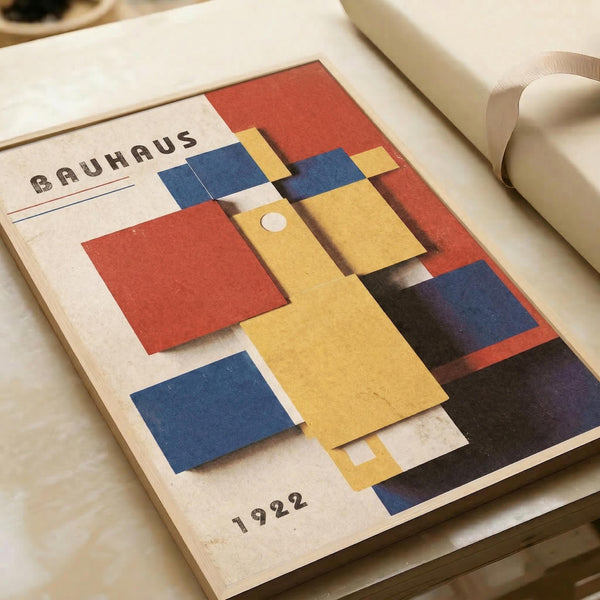 May include: Vintage Bauhaus exhibition poster from 1922 displayed in an open book or portfolio. The poster features geometric shapes in red, blue, and yellow colors arranged in an abstract composition against a cream background. The word "BAUHAUS" appears at the top with "1922" at the bottom. The book sits on a light wooden surface next to white ceramic objects, creating a minimalist styled scene.
