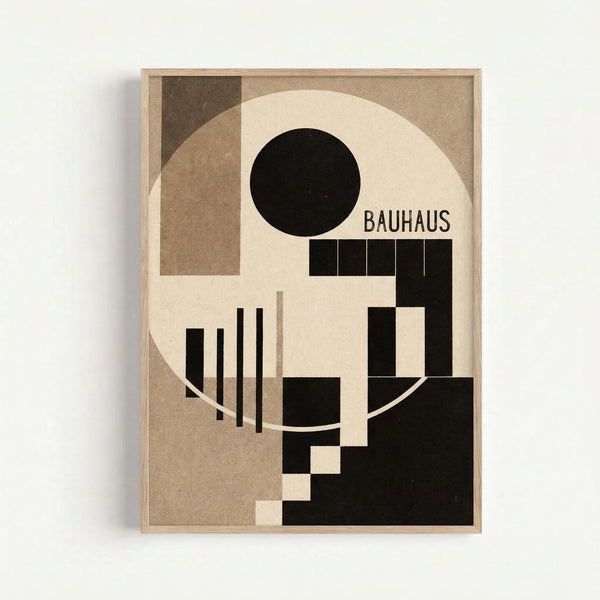Geometric abstract poster in warm beige, brown and black tones featuring overlapping circles, rectangles, and vertical lines in classic Bauhaus modernist style. The composition includes a large black circle, stepped rectangular forms, and the word "BAUHAUS" integrated into the design. Displayed in a natural wood frame against a white wall, showing the print's clean minimalist aesthetic and architectural influences typical of 1920s German design movement.
