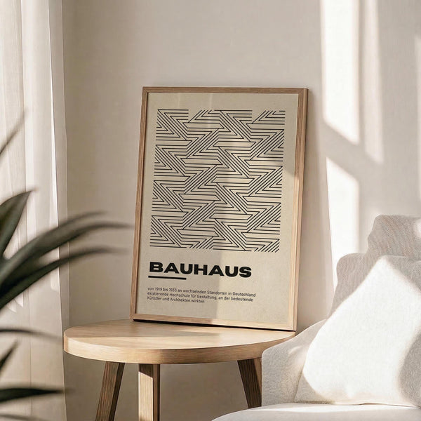 May include: Framed geometric poster with black linear pattern on cream background, displayed on round wooden side table next to beige upholstered chair. Natural lighting creates soft shadows across white wall. Green plant leaves visible in corner. Thin wood frame surrounds minimalist design featuring interwoven angular lines and German text below pattern.