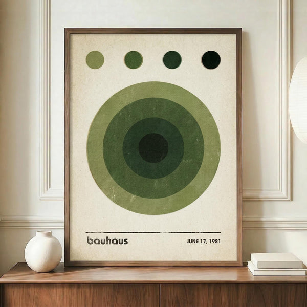 May include: Framed Bauhaus-style poster with concentric green circles and four dots above, displayed on wooden sideboard next to white ceramic vase and stacked books. Modern minimalist room with cream walls and panel molding. Vintage-inspired geometric art print in warm wood frame.