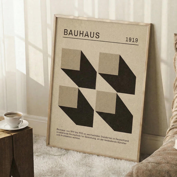 May include: Framed Bauhaus-style poster with beige background featuring four dark geometric arrow shapes pointing in different directions, dated 1919 with German text below. Wooden frame leaning against white wall next to textured beige cushion and wooden side table with white coffee cup and saucer on books. Natural lighting creates soft shadows on white area rug.