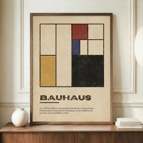 May include: Framed Bauhaus poster with geometric composition in red, blue, yellow, black and cream rectangles on beige background with German text, displayed on wooden sideboard next to white ceramic vase and stacked books in bright room with white paneled walls