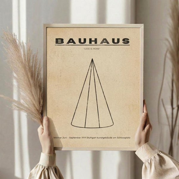 May include: Person in cream sweater holding framed Bauhaus poster with beige background, featuring black geometric cone design and "LESS IS MORE" text. Dried pampas grass visible to left. Neutral tones throughout scene with natural lighting from window.