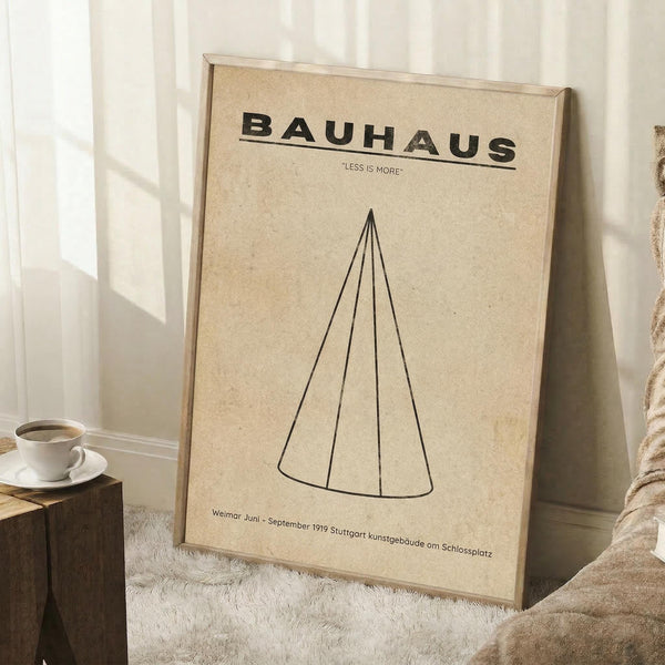 May include: Framed Bauhaus poster with beige textured background featuring black typography and geometric cone illustration, displayed leaning against white wall corner beside wooden block with white coffee cup and beige knit throw blanket on light wooden floor