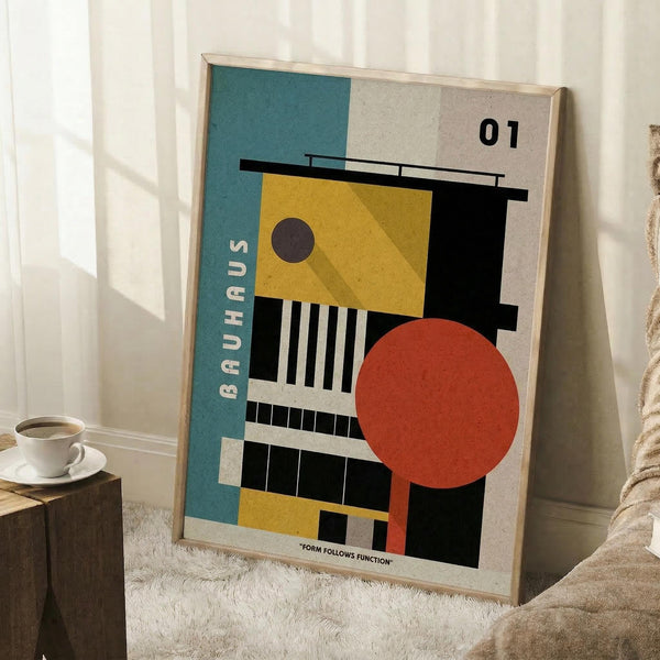May include: Framed geometric abstract poster in Bauhaus style featuring bold shapes in yellow, orange, teal, black and white with "BAUHAUS 01" and "FORM FOLLOWS FUNCTION" text, displayed leaning against white wall on fluffy white rug next to wooden side table with coffee cup and cozy chair corner in bright room with natural window light