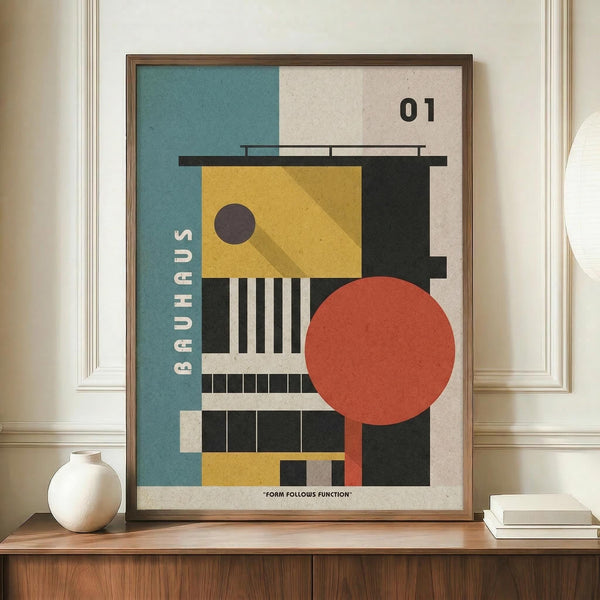May include: Framed geometric abstract poster in Bauhaus style featuring teal, yellow, orange, black and cream colored shapes including circles, rectangles and linear elements. Text reads "BAUHAUS" vertically and "FORM FOLLOWS FUNCTION" at bottom with "01" in corner. Displayed on wooden sideboard next to white ceramic vase and stacked books against cream wall with white trim.