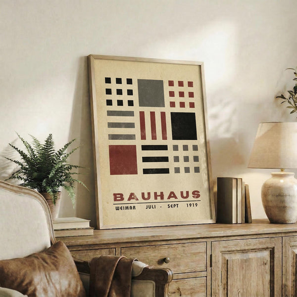 May include: Framed Bauhaus-inspired geometric art print with cream background featuring black, red, and olive green rectangles and squares in grid formation, displayed on rustic wooden sideboard alongside books, ceramic vase, and fern plant in modern living room setting with leather chair and neutral decor.