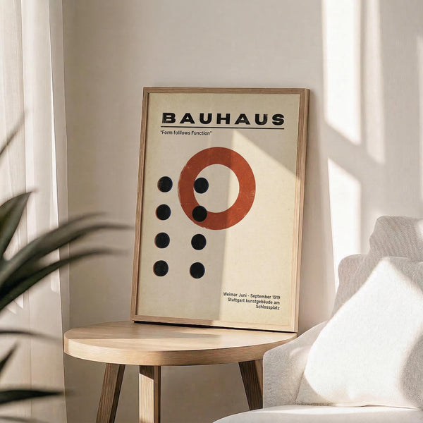 May include: Framed Bauhaus poster with cream background featuring red circle and black dots in geometric arrangement. Wood-framed print displayed on round wooden side table next to beige upholstered chair. Natural sunlight creates shadows across white wall. Green plant leaves visible in corner, creating modern minimalist room styling.
