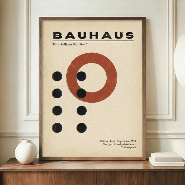 May include: Framed Bauhaus-style poster with cream background featuring red circle and black dots in geometric arrangement, displayed on wooden sideboard next to white ceramic vase and stacked books against white paneled wall