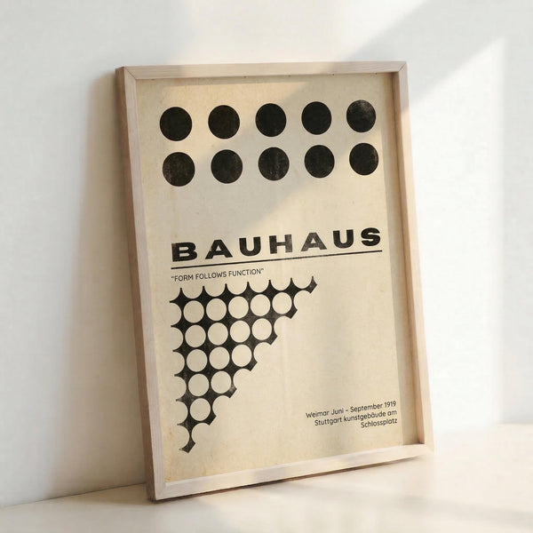 A framed poster featuring Bauhaus design elements in black on cream paper. The composition includes two rows of black circles at the top, bold "BAUHAUS" lettering in the center, and "FORM FOLLOWS FUNCTION" below. The bottom shows a geometric pattern of black and white circles arranged in a triangular formation. Small text indicates "Weimar Juni - September 1919 Stuttgart Kunstgebäude am Schlossplatz." The print is displayed in a natural wood frame leaning against a white wall.
