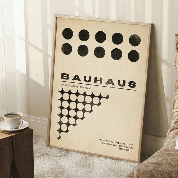 May include: Framed Bauhaus poster with cream background featuring black circles arranged in two rows and geometric dot pattern forming corner design. Bold black text reads "BAUHAUS" with "FORM FOLLOWS FUNCTION" subtitle and German exhibition details. Displayed leaning against white wall corner on textured white rug, with coffee cup on wooden block nearby and cozy blanket visible.